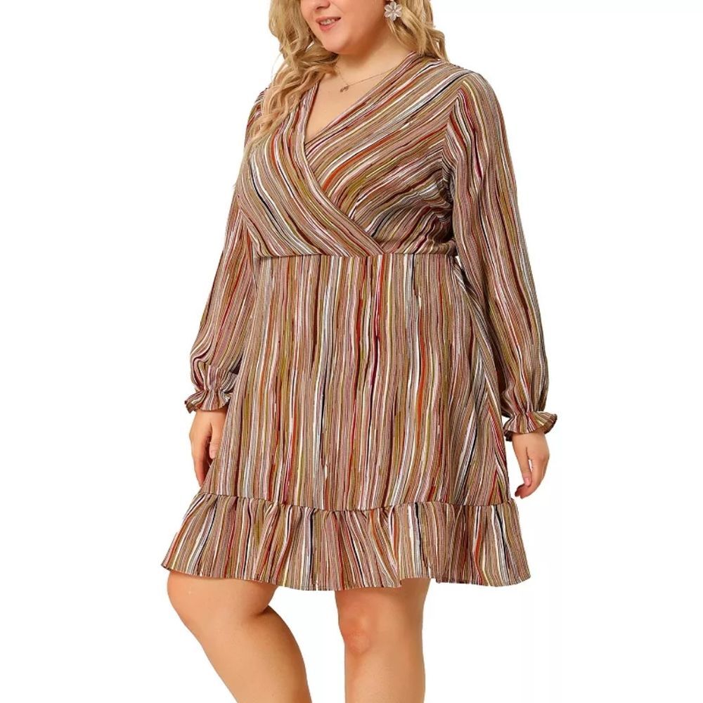 Agnes Orinda Dress Plus Size 3X Colorful Stripes Ruffle Boho Office Work Career